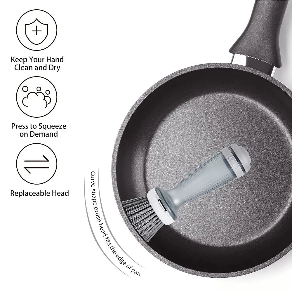 Milk white and mint green dish brush with soap dispenser in handle and non-scratch bristles