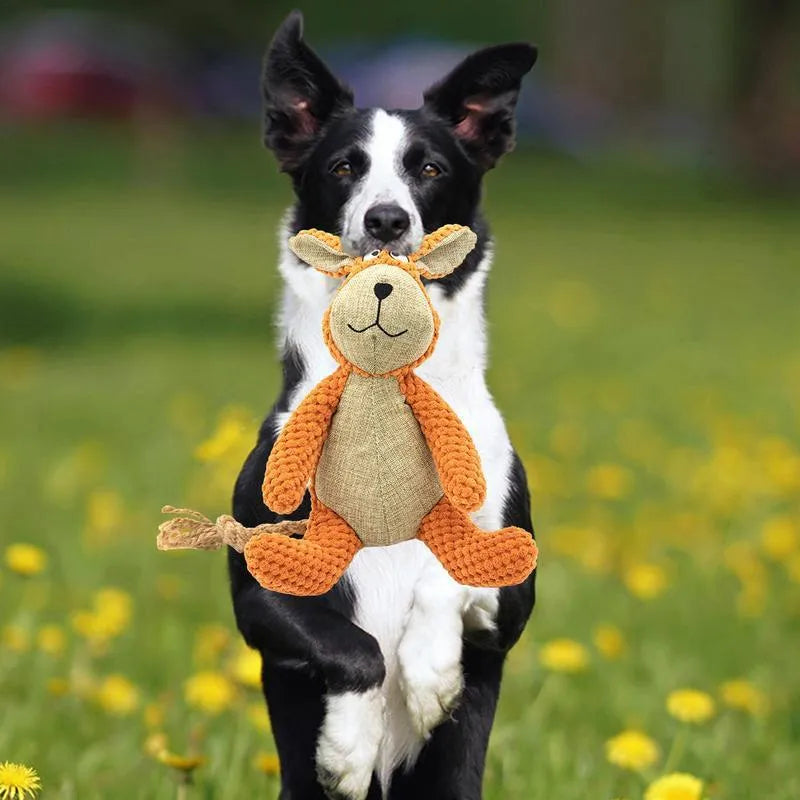 Plush dog chew toys in animal shapes with squeaker for teeth cleaning and interactive play