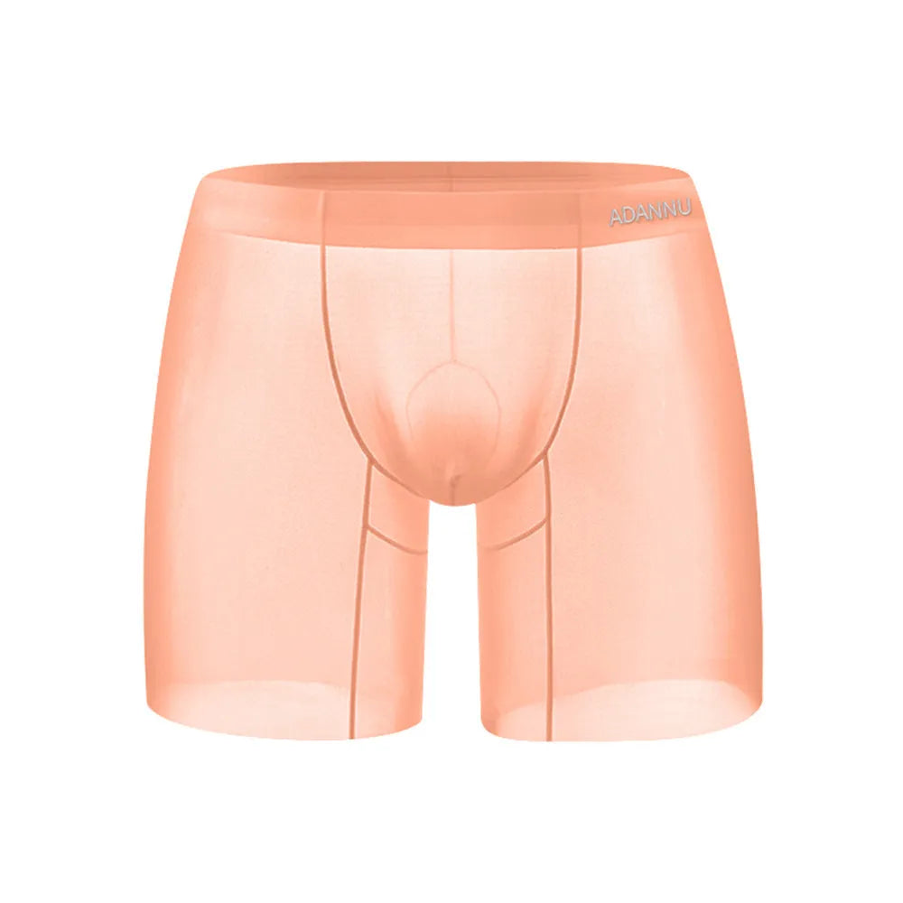 Seamless men's nylon boxer shorts in orange, pink, and red colours for exercise