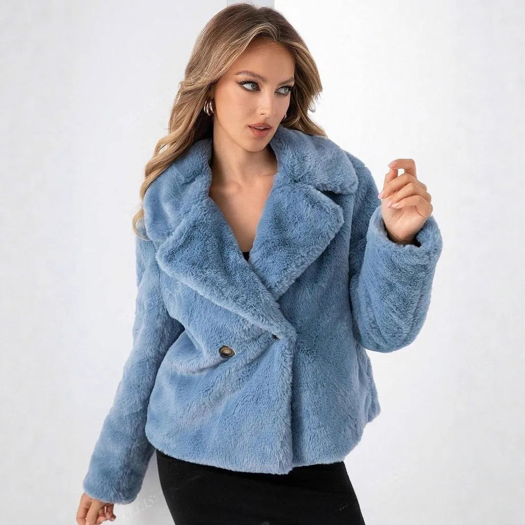 Women's short loose-fit faux fur coat in rose red on a hanger, showing regular sleeves and plush texture.