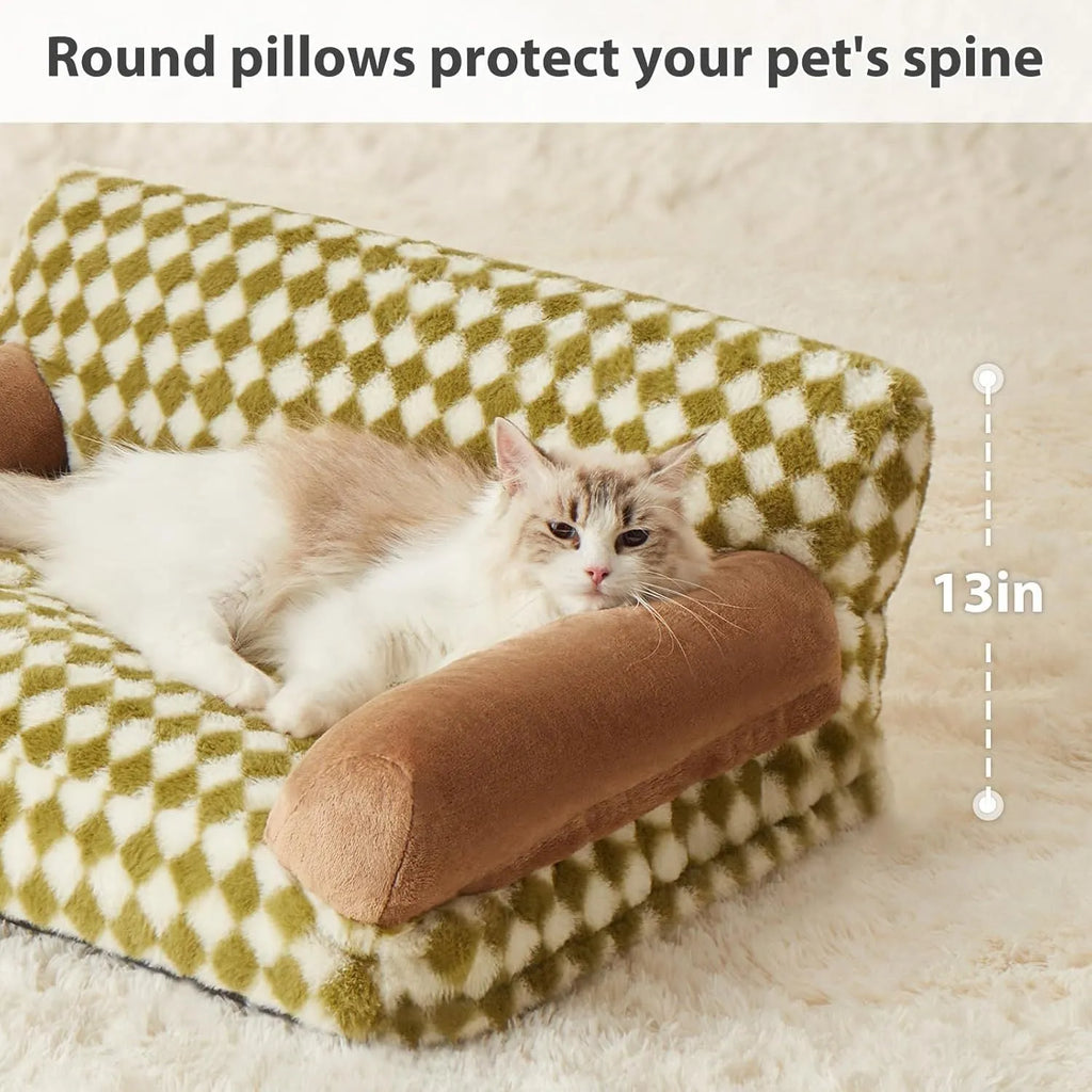Small grey checkered pet sofa bed with a non-slip base and removable cover.