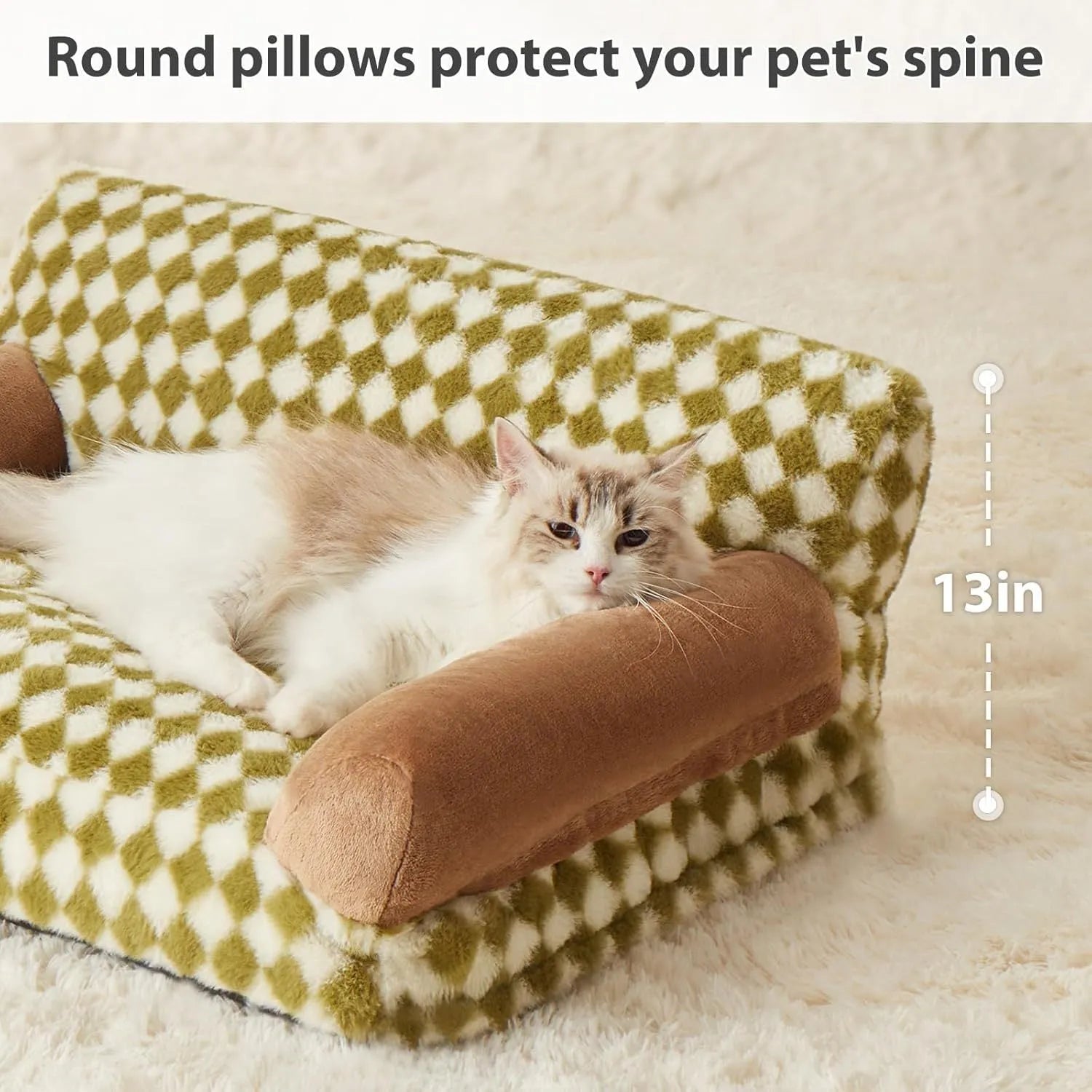 Small grey checkered pet sofa bed with a non-slip base and removable cover.