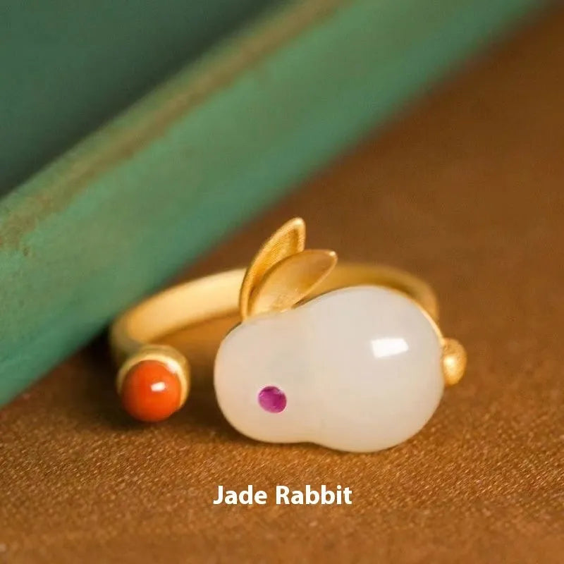 Green jade hare bracelet for women with electroplated finish and Chinese style animal design