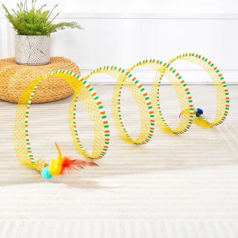 Cat toy bundle with blue tunnel, long-pole teasing stick and feather attachments