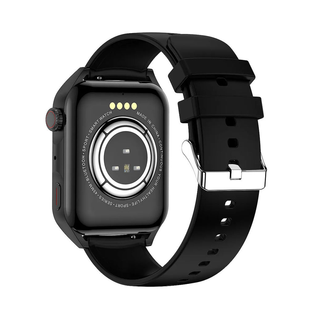 Smart watch with AMOLED display and silicone wrist strap showing touch screen and button controls