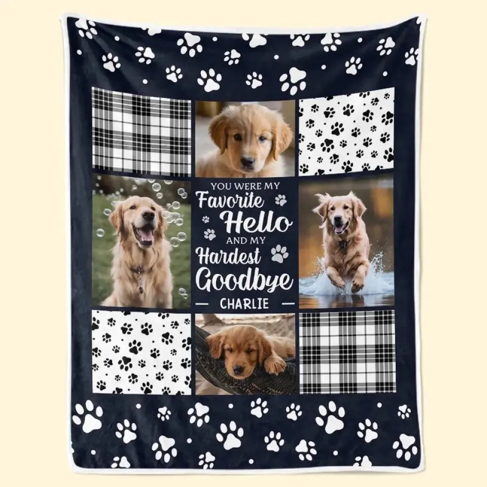 White polyester flannel dog blanket laid flat, showing soft texture and available size options.