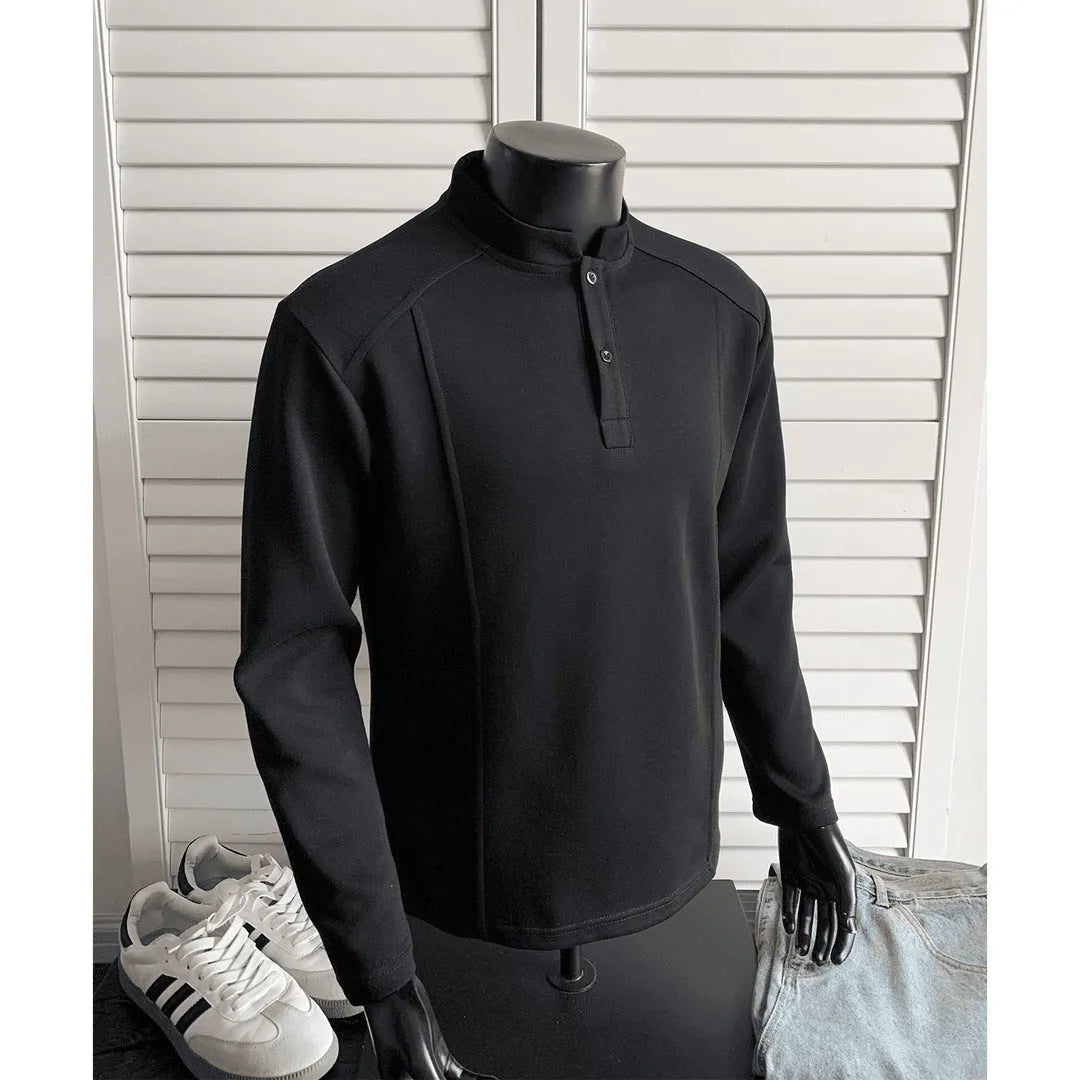 Men's grey asymmetric stand-up collar long sleeve polo shirt on a hanger.