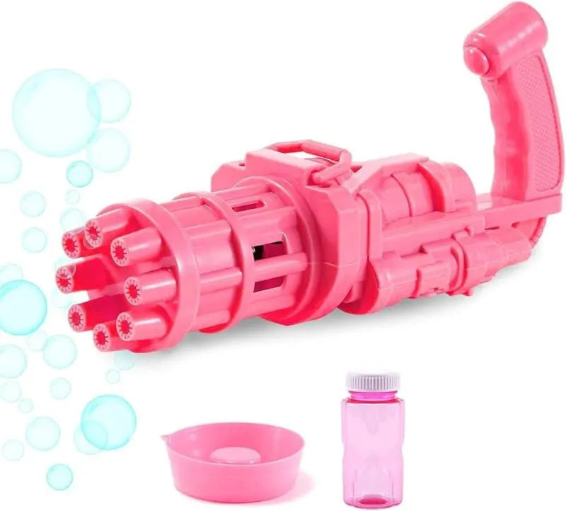 Children's ABS plastic bubble gun machine in pink with trigger and bubble head, used as a toy for outdoor parties