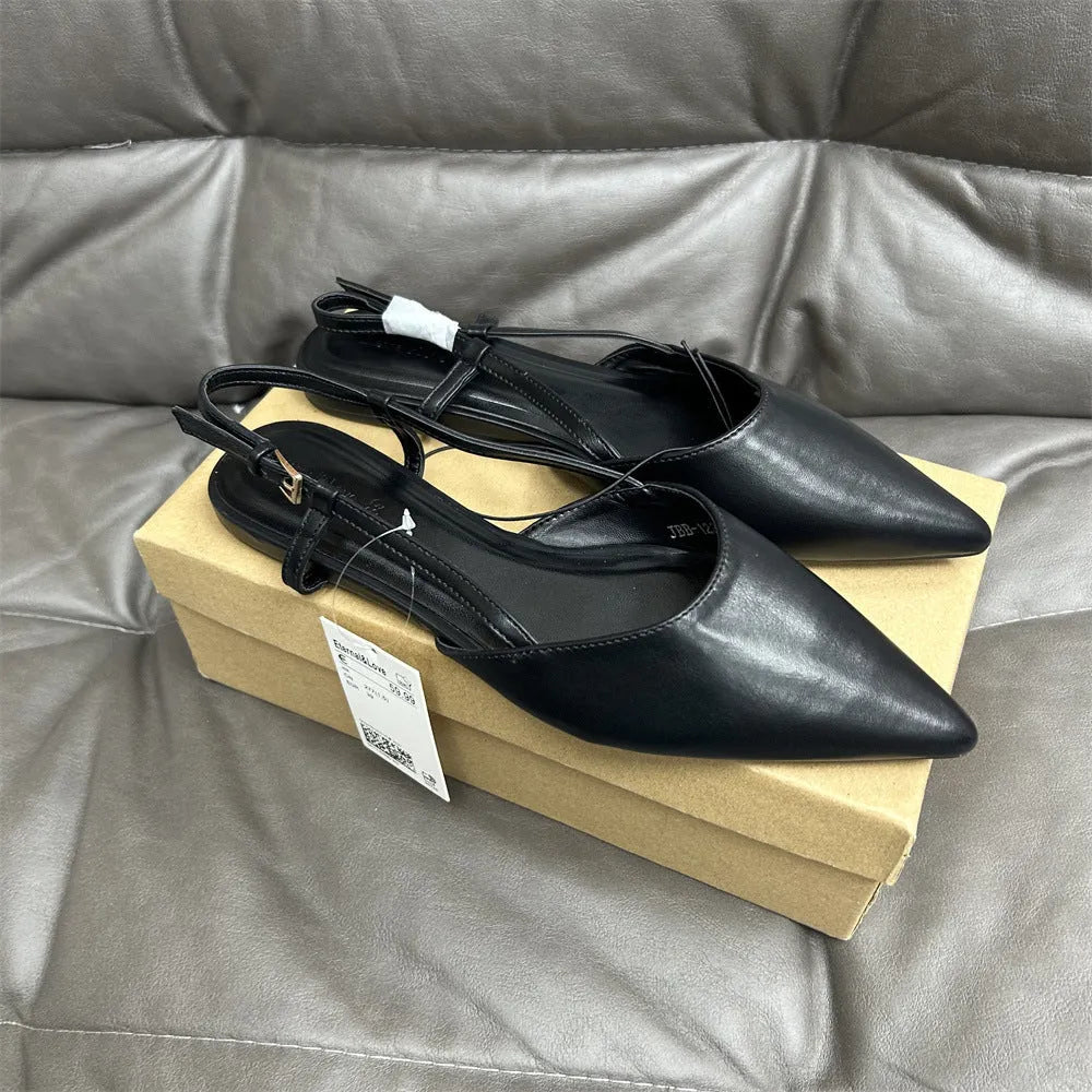 Flat pointed toe women's sandals with buckle closure, low heel, microfiber upper, available in multiple colours