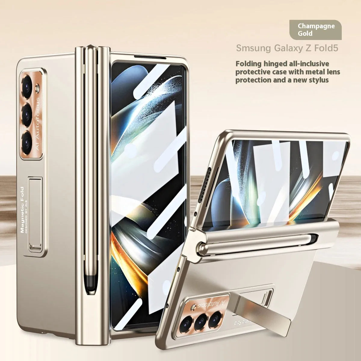 Magnetic suction phone case for Samsung Z Fold5 with hinge cover and bracket in ice lake blue