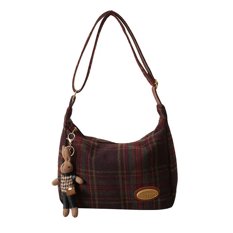 Women's large soft wool crossbody shoulder bag in a horizontal square shape, shown in red, khaki, and brown colour options.