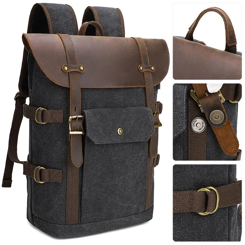 Canvas backpack with USB charging port in army green colour with contrast detailing