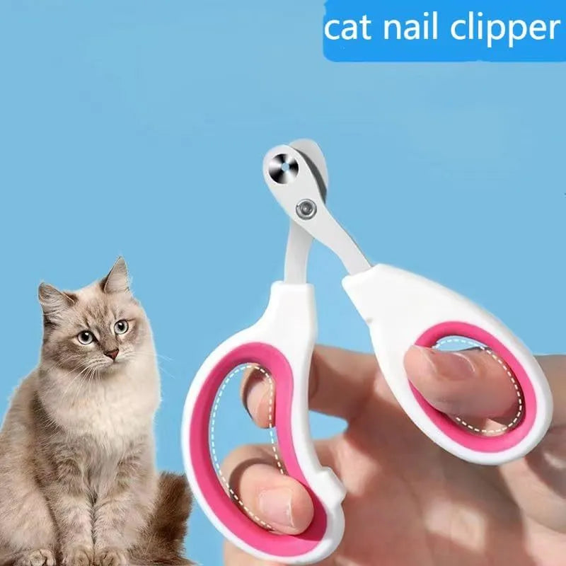 Blue cat nail clippers with a circular cutting hole and cushioned handles on a white surface.