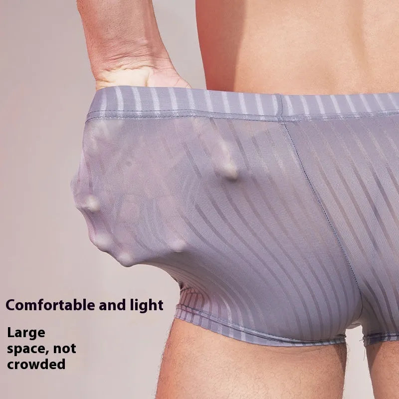 Men's striped nylon underwear in black, shown laid flat.