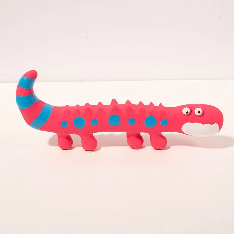 Green lizard-shaped latex dog chew toy with squeaker on a white background