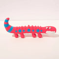 Green lizard-shaped latex dog chew toy with squeaker on a white background