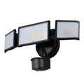 White or black 120V LED motion sensor security flood light for outdoor wall or ceiling installation.