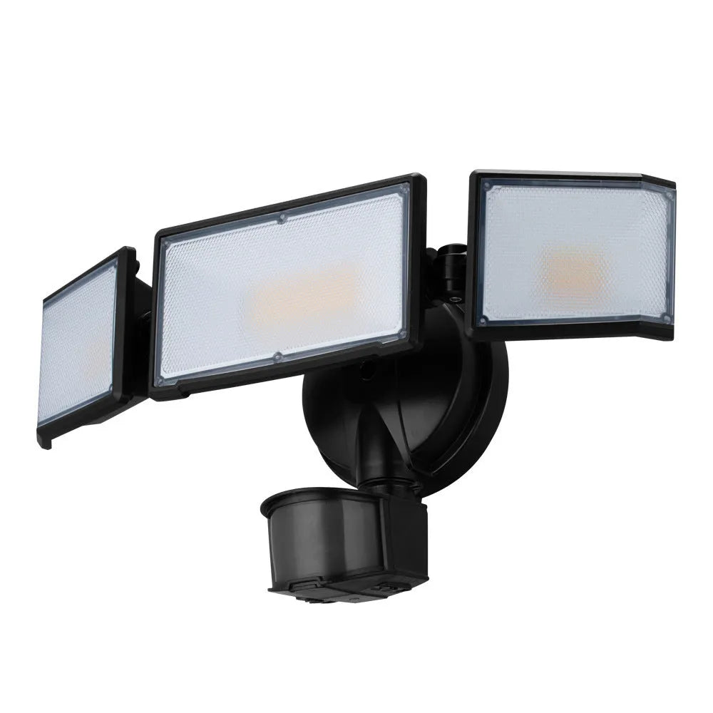 White or black 120V LED motion sensor security flood light for outdoor wall or ceiling installation.