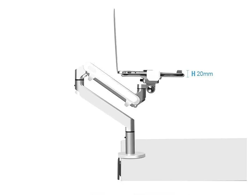 Silver aluminium laptop stand with air pressure arm bracket and rotating platform