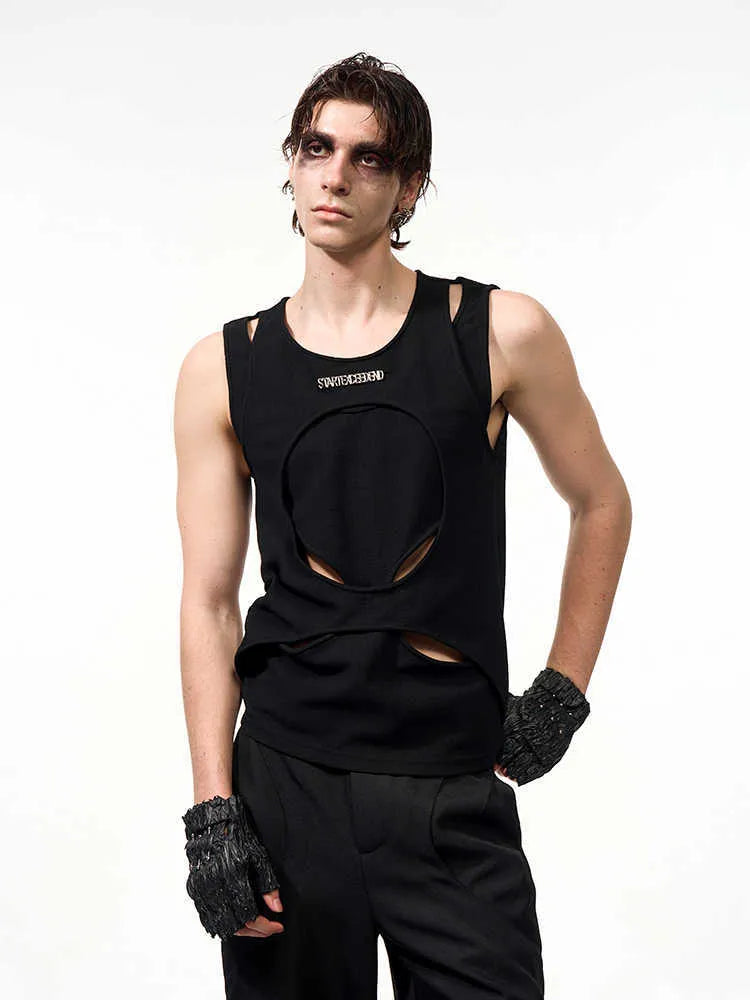 Men's black and white sleeveless waistcoat vest with round neck and hollow thread construction.