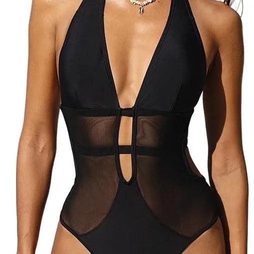 Black women's one-piece swimsuit with V-neck and decorative mesh hanging neck detail.