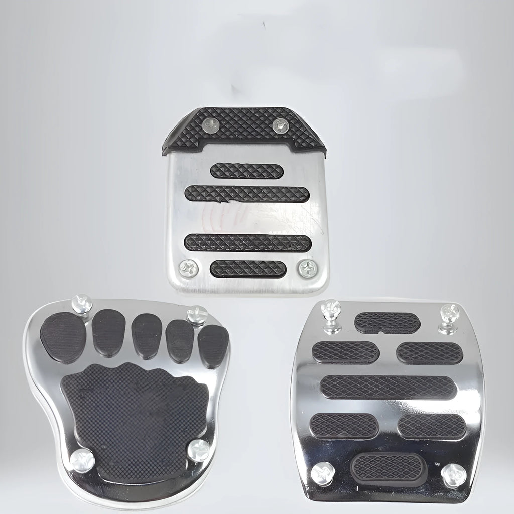 Metal motorcycle brake pedal skid plate replacement part shown in three design variants.