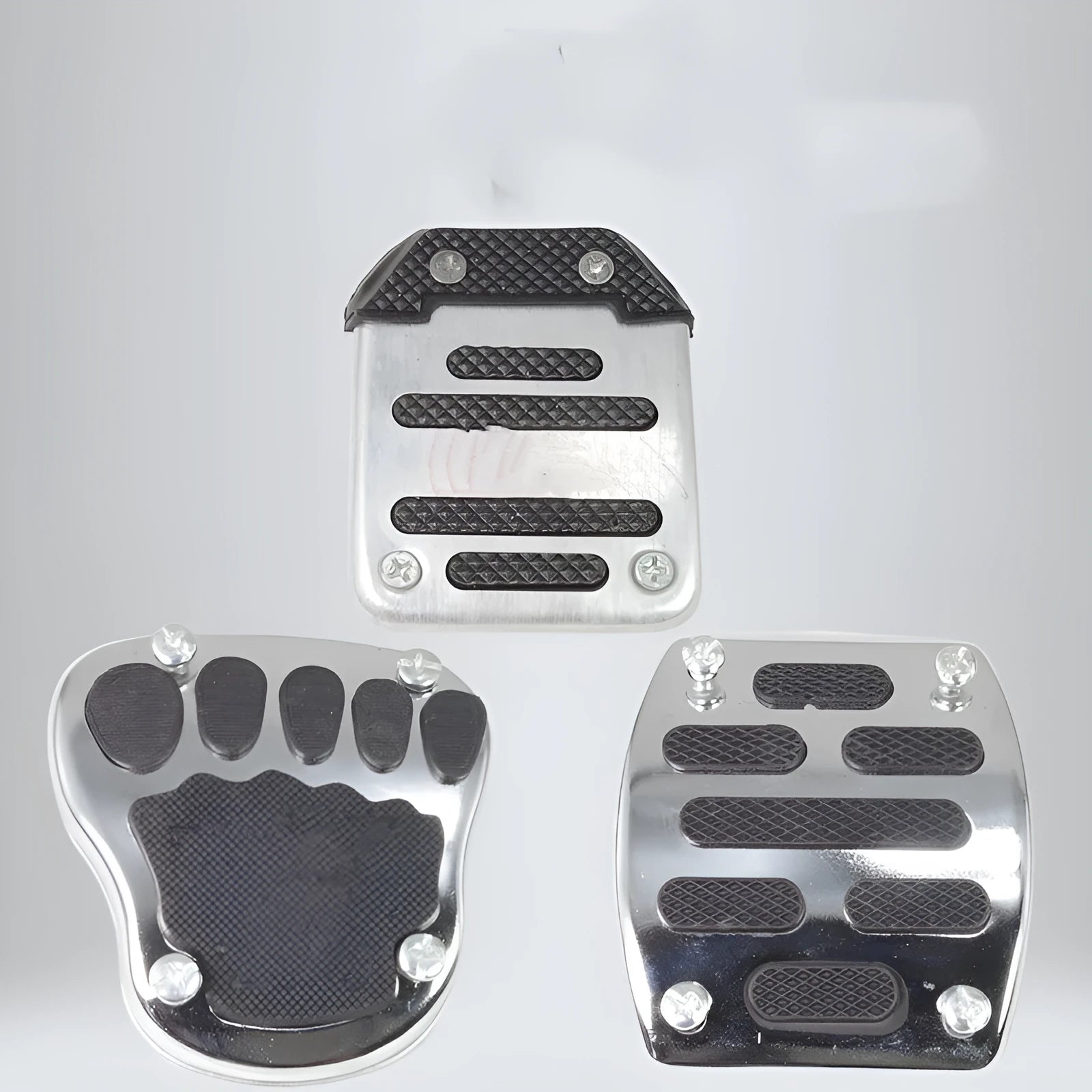 Metal motorcycle brake pedal skid plate replacement part shown in three design variants.
