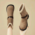 Soft suede ankle boots with chunky heel and square toe in brown and khaki, low-tube design
