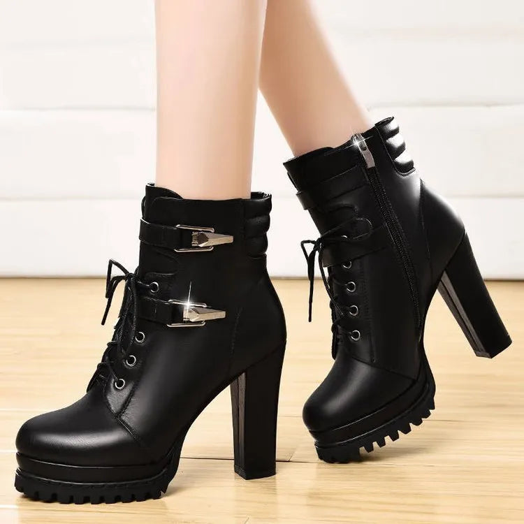 Women's black artificial PU high heel shoes with round toe and thick super high heel above 8cm
