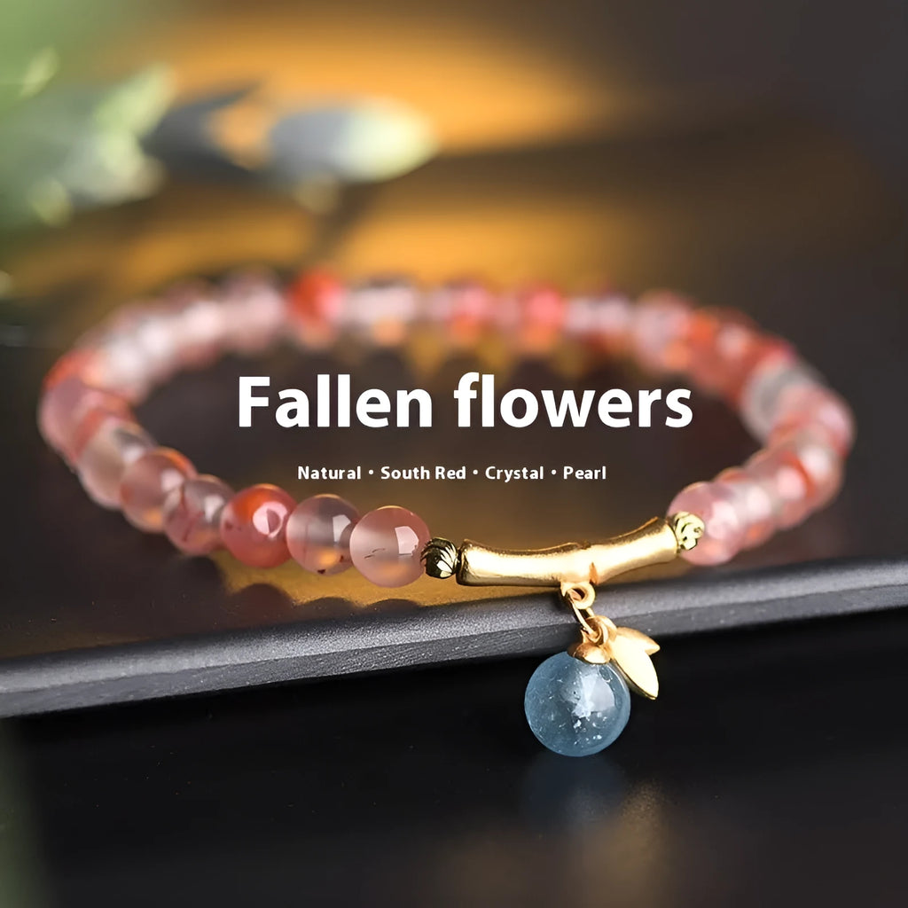 Ice float nanhong agate ethnic bracelet with bamboo joint links and flower decoration in hetian jade colour
