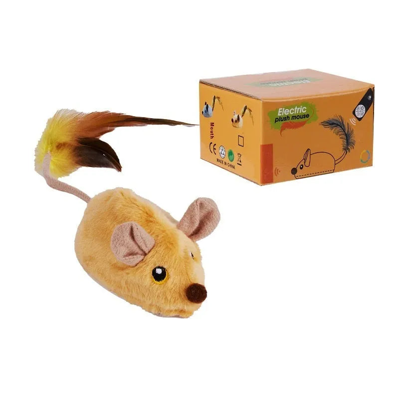 Grey and yellow plush simulation mouse cat toys with remote control on wooden floor