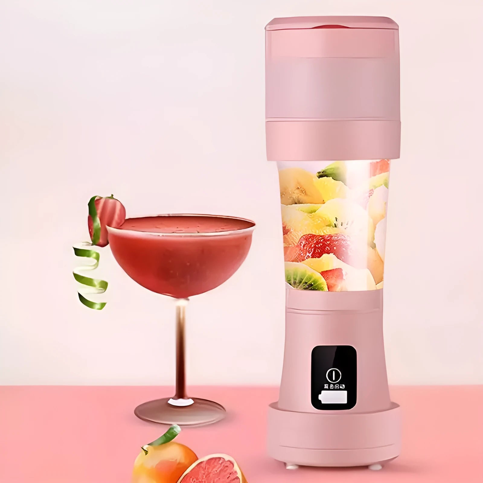 Blue portable blender with six stainless steel blades, USB charging port, and 450ml silicone cup