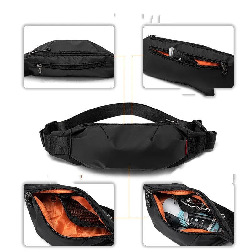 Black oxford cloth crossbody waist pack showing front zipper and strap.