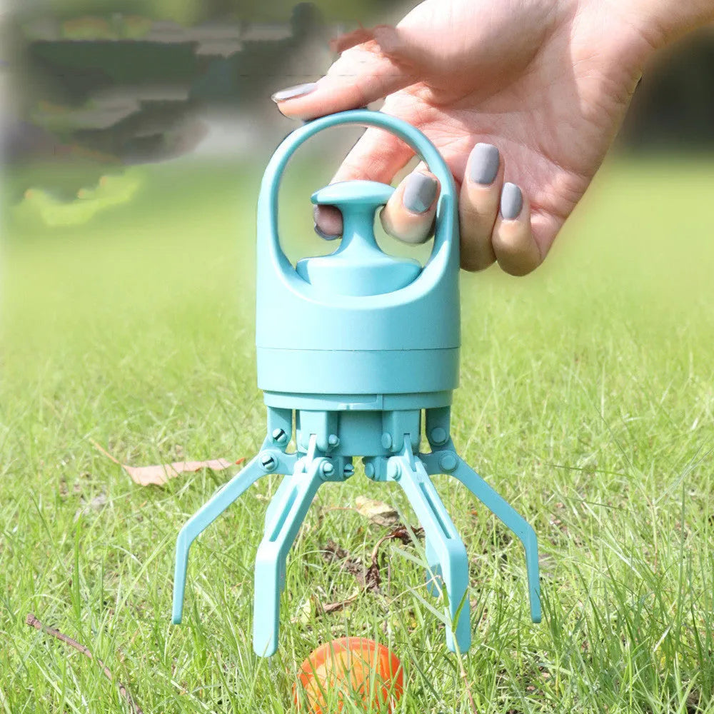 Blue plastic dog pooper scooper with eight-claw shovel and built-in bag dispenser