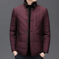 Men's dark blue winter short cotton-padded coat with side seam pockets.