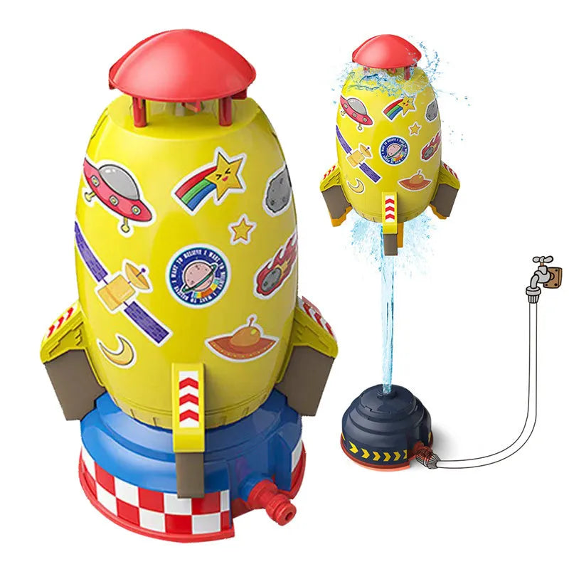 Yellow water pressure rocket launcher toy with base and interface connectors for outdoor garden play