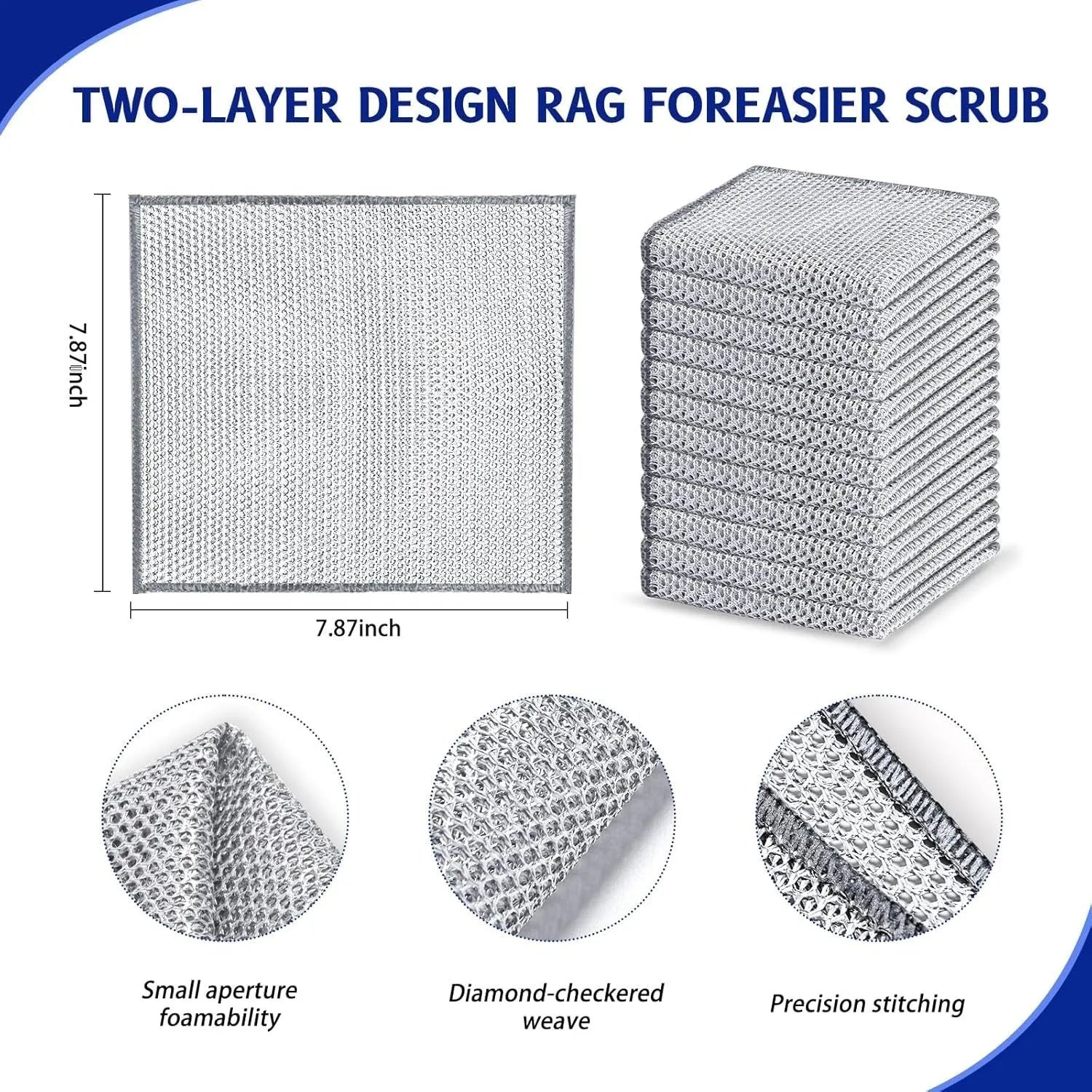 Silver coloured square microfiber scourer pad for cleaning kitchen pots and bowls.