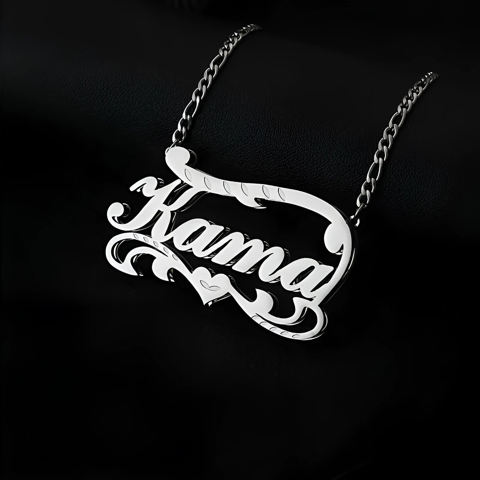 Gold personalised stainless steel necklace with a double-layer wave heart pendant engraved with a name.