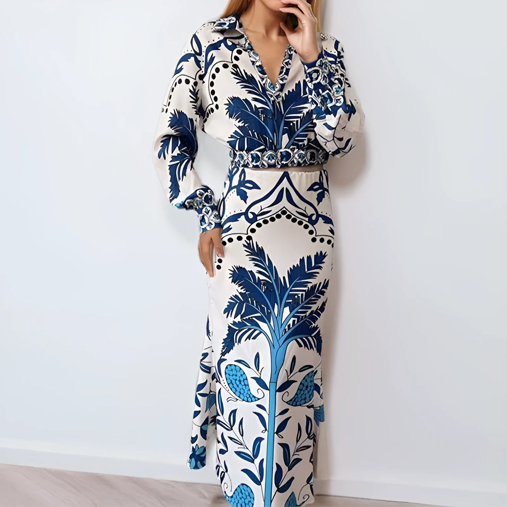 Women's early spring flower print two-piece co-ord set with long sleeves and long skirt