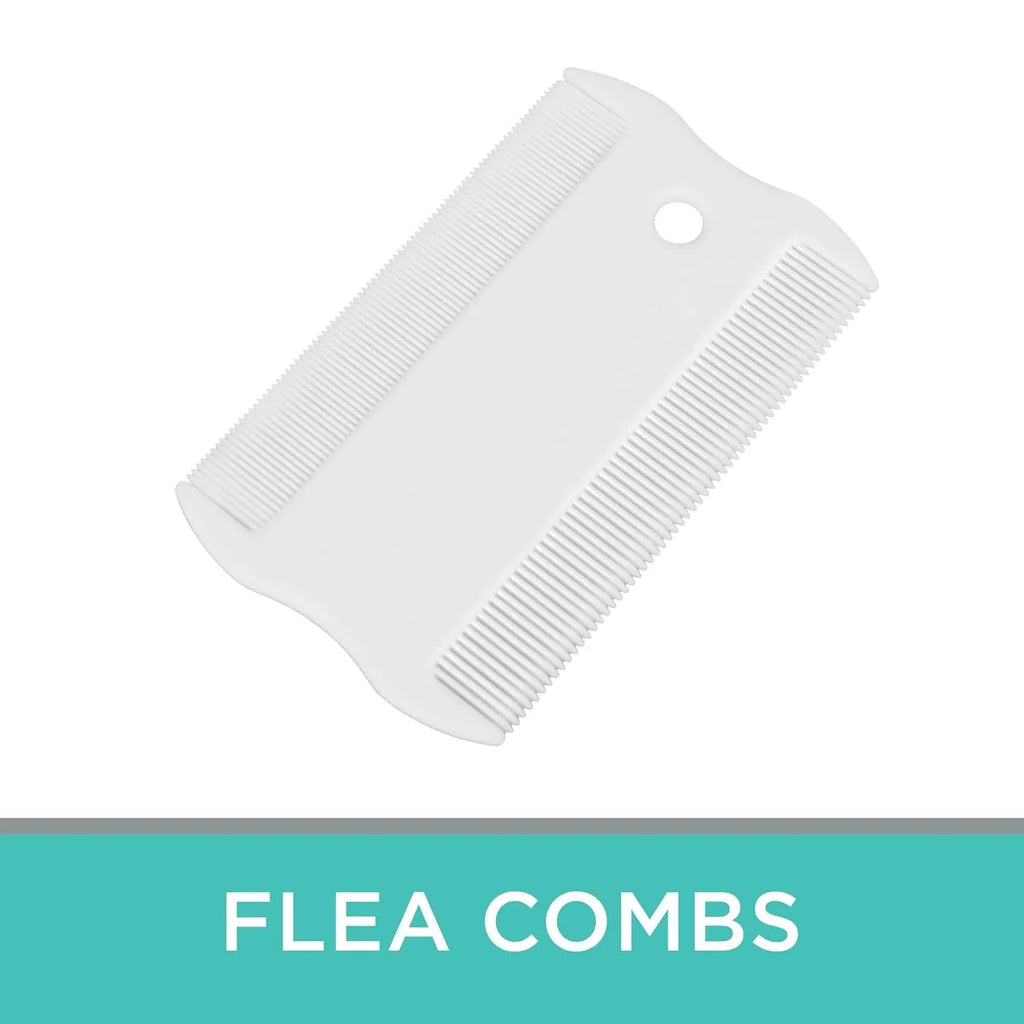 Small white plastic double-sided flea comb for dogs and cats on a plain background.