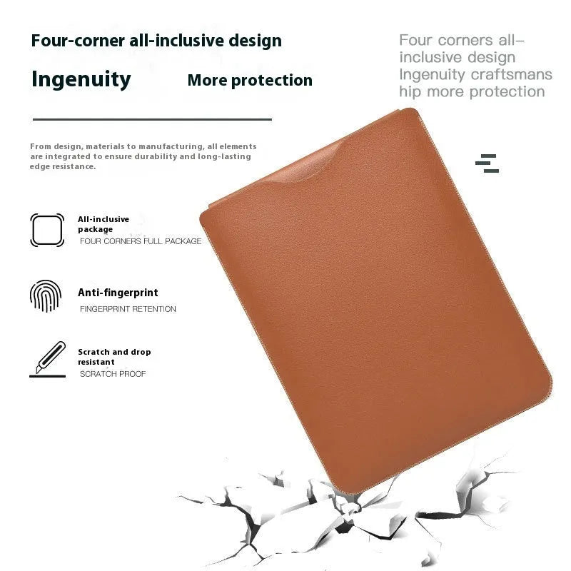 Set of four brown imitation leather laptop corner protectors on a grey laptop.