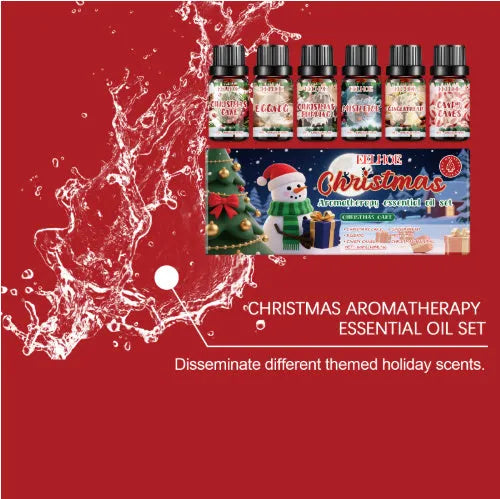 Christmas aromatherapy oil gift set showing six 10ml bottles with warm home fragrance scents