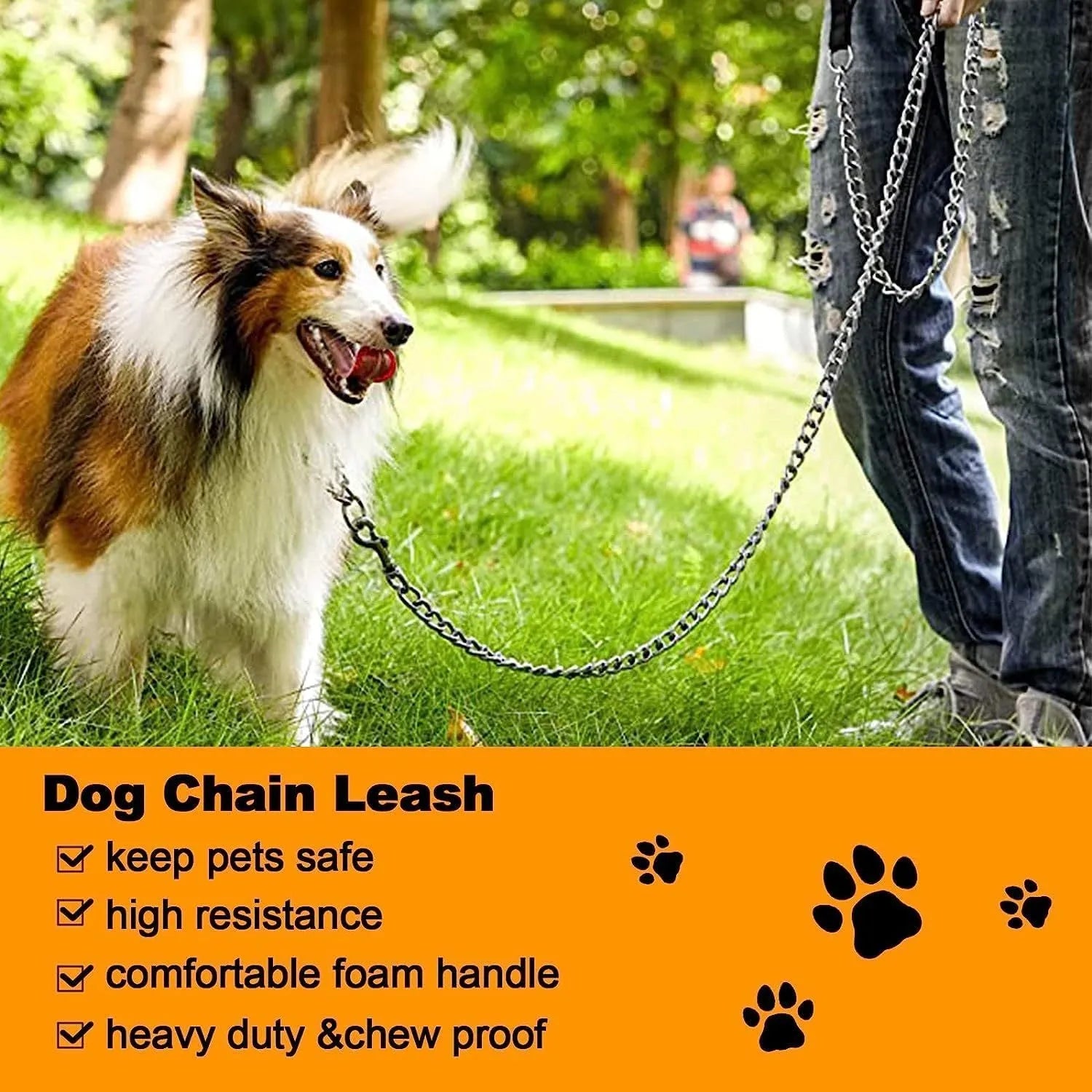 Heavy duty metal dog leash with soft black padded handle and silver chain, shown in red colour variant.