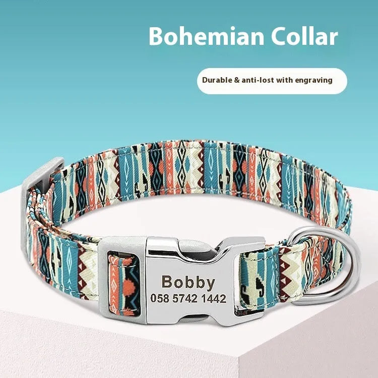 Colourful canvas dog collar with semi-metal buckle in striped floral pattern