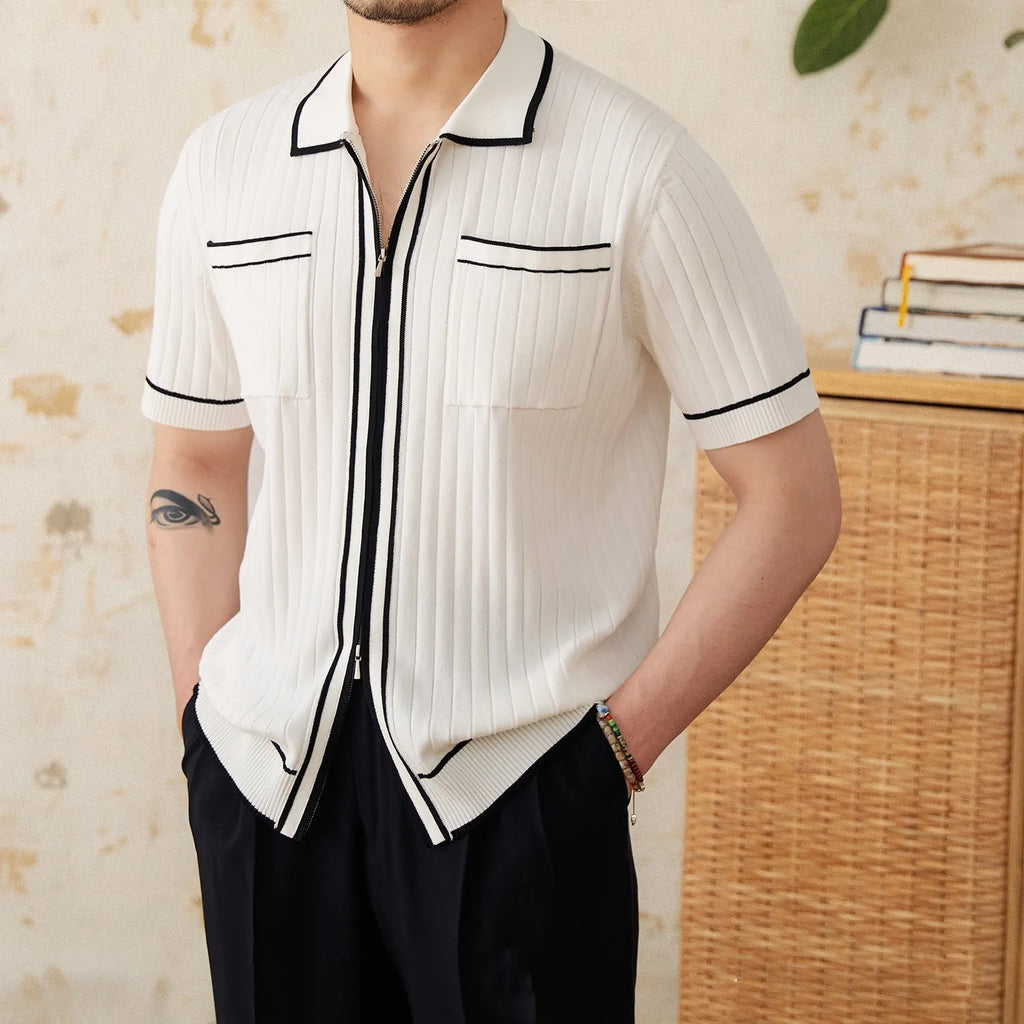 Slim fit lapel collar polo shirt in black and white colour options with short sleeves