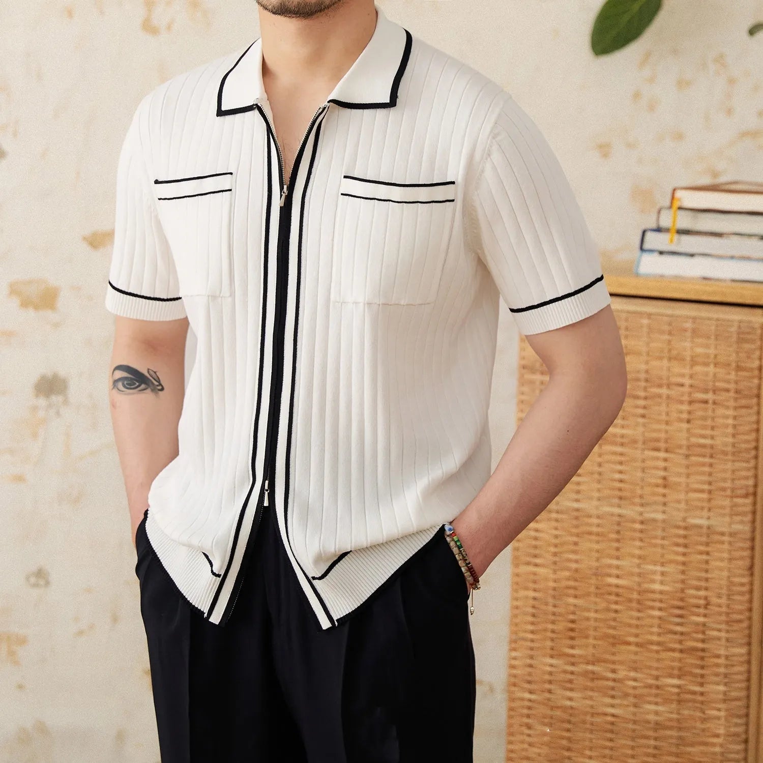 Slim fit lapel collar polo shirt in black and white colour options with short sleeves