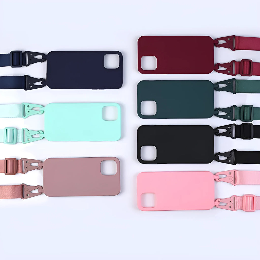 Black TPU buckle ribbon lanyard phone case protective sleeve with lanyard and opening for camera.