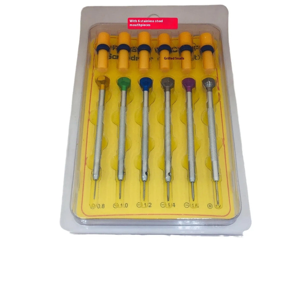 Six colour-coded watch repair screwdrivers with aluminium handles and spring steel cutter heads for precision timepiece maintenance