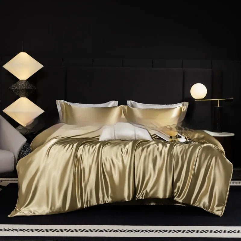 Personalised solid colour silk bed sheet four-piece set shown in multiple colour options.