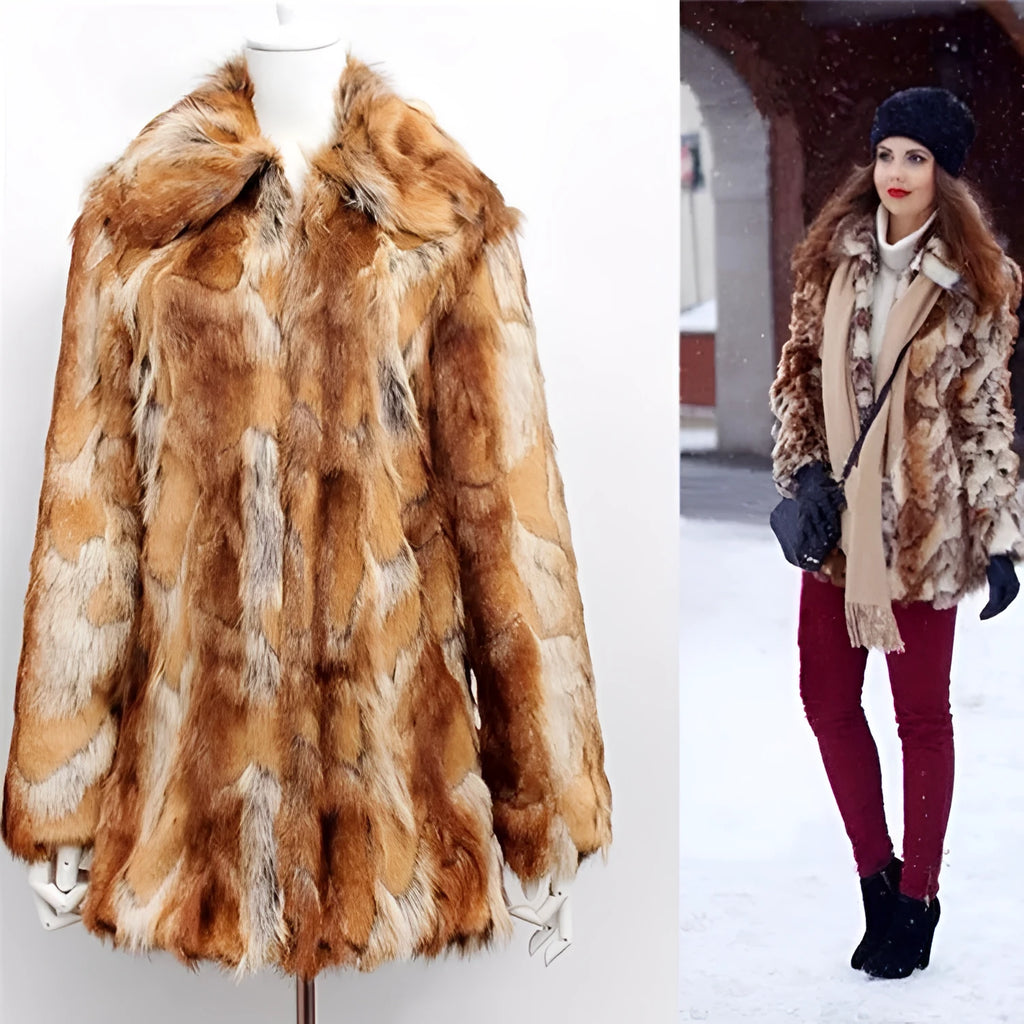 Women's tiger pattern artificial fur leather jacket with long sleeves and medium length cut